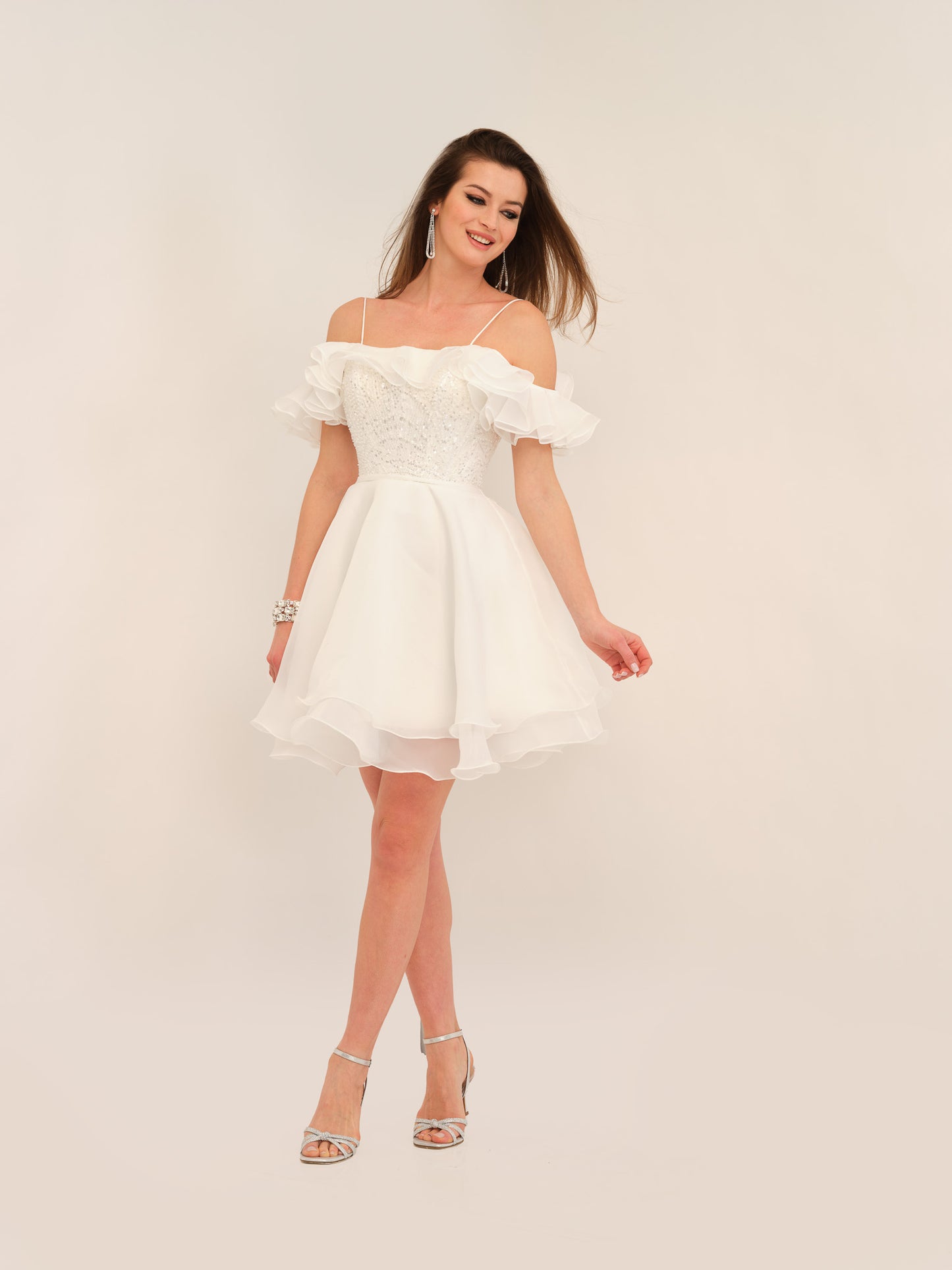 LACE UP OFF-SHOULDER RUFFLE SLEEVELESS TULLE DRESS