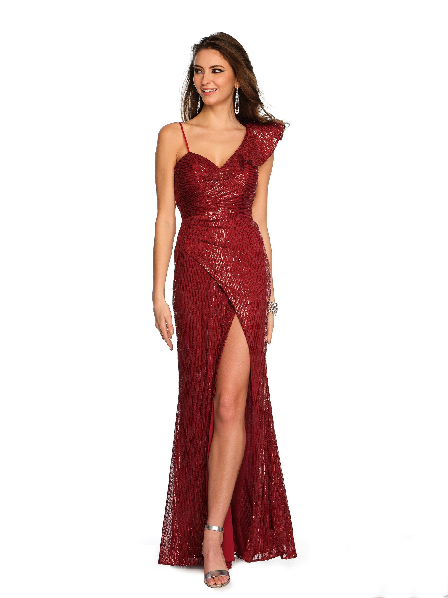 SHINY WRAPPED ONE-SHOULDER LEG SLIT GOWN - Dave & Johnny SHINY WRAPPED ONE-SHOULDER LEG SLIT GOWN - Dave & Johnny