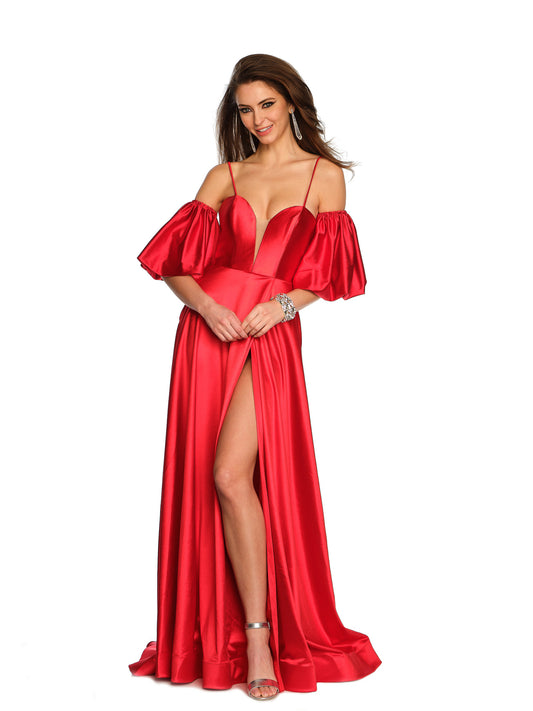 FLOWY STRETCH SATIN GOWN WITH PUFF SLEEVES