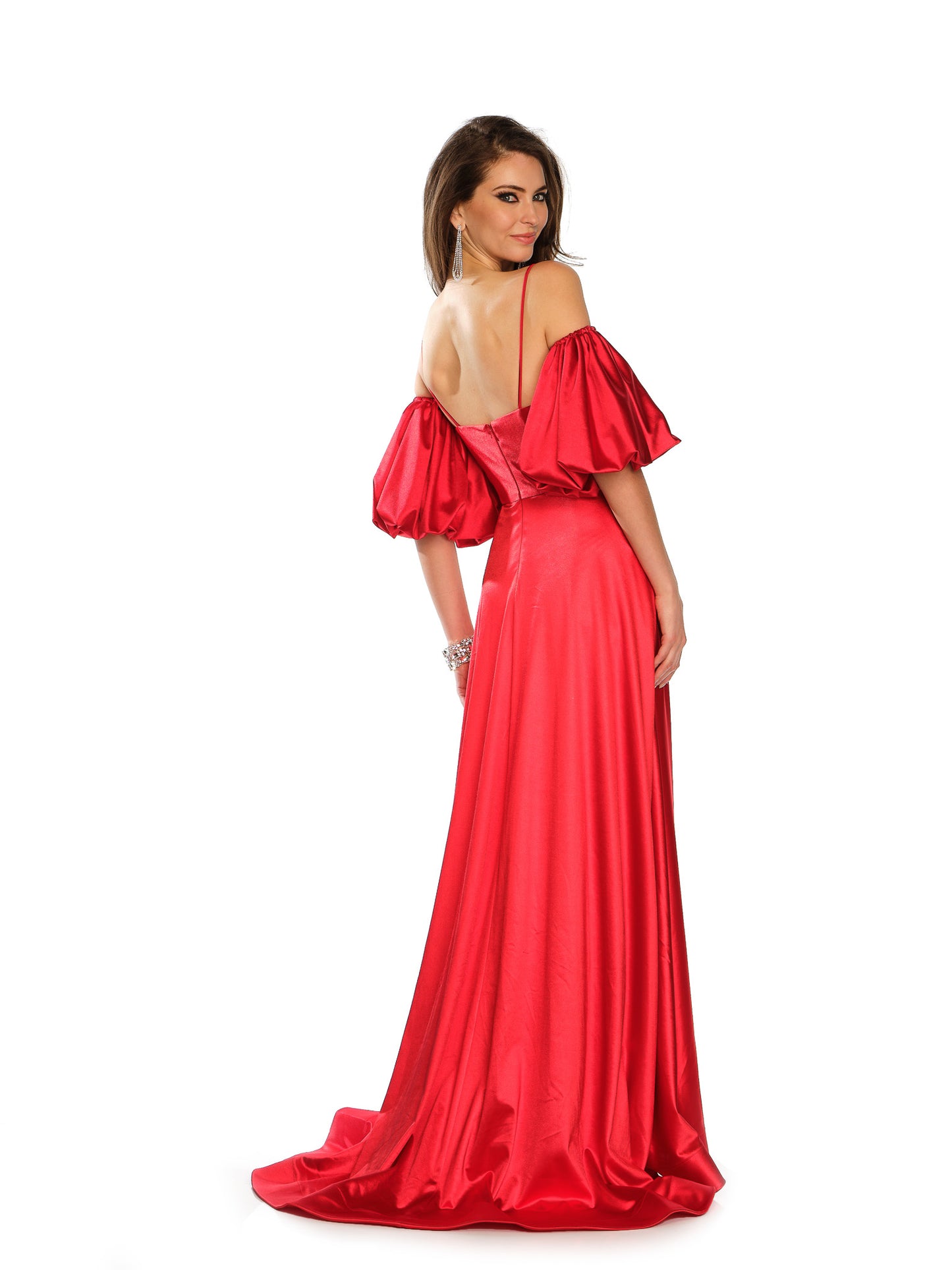 FLOWY STRETCH SATIN GOWN WITH PUFF SLEEVES