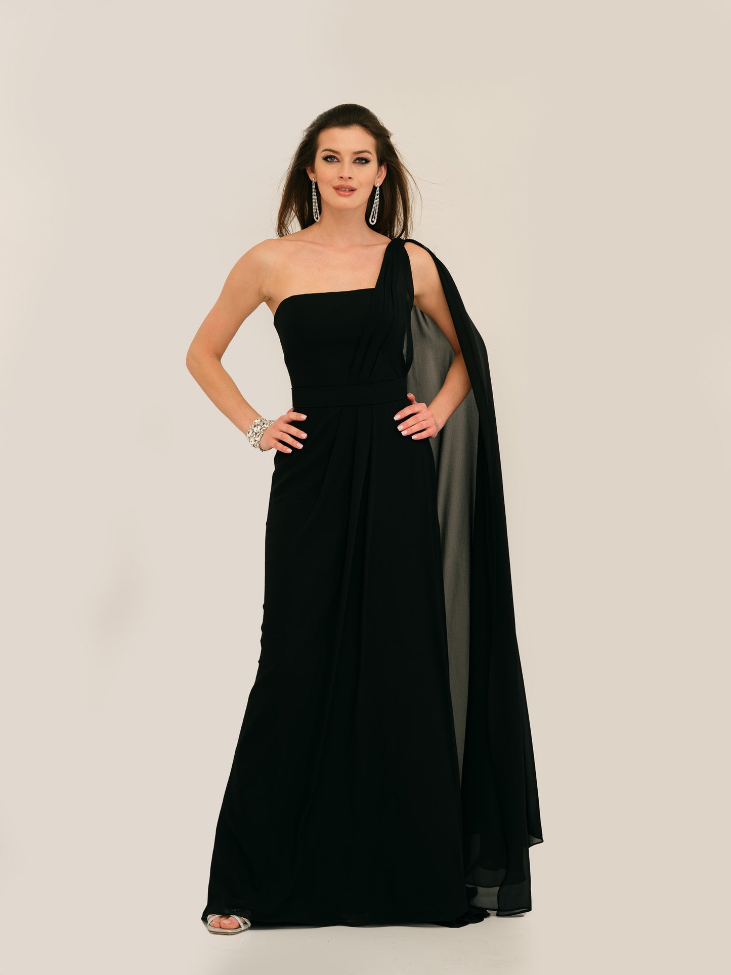 ASYMMETRICAL ONE SHOULDER CHIFFON CAPE GOWN