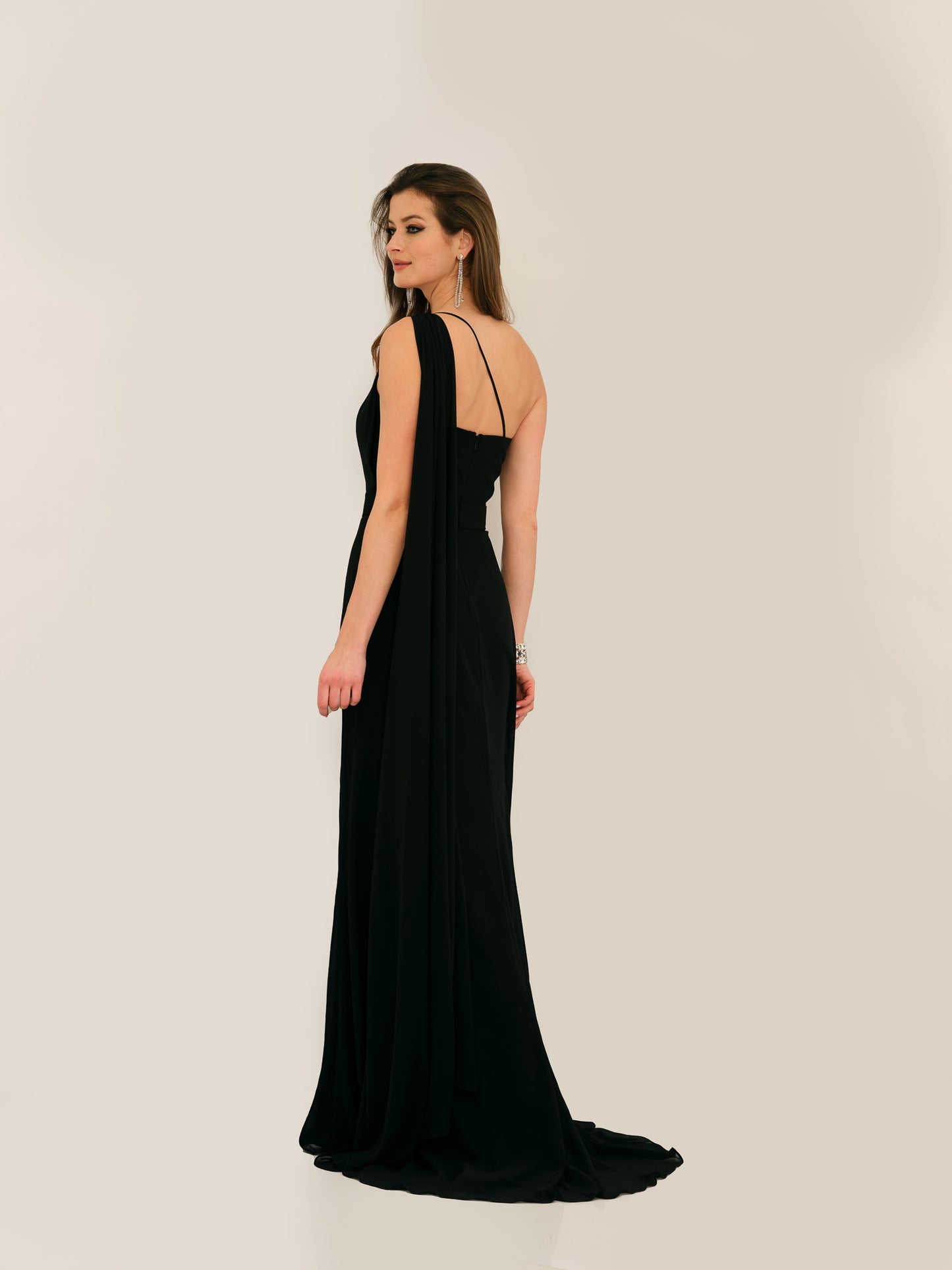 ASYMMETRICAL ONE SHOULDER CHIFFON CAPE GOWN