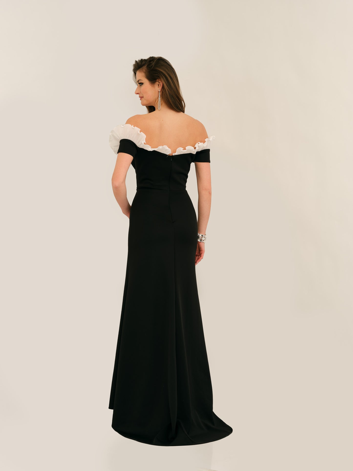RUFFLE TRIM OFF-SHOULDER GOWN