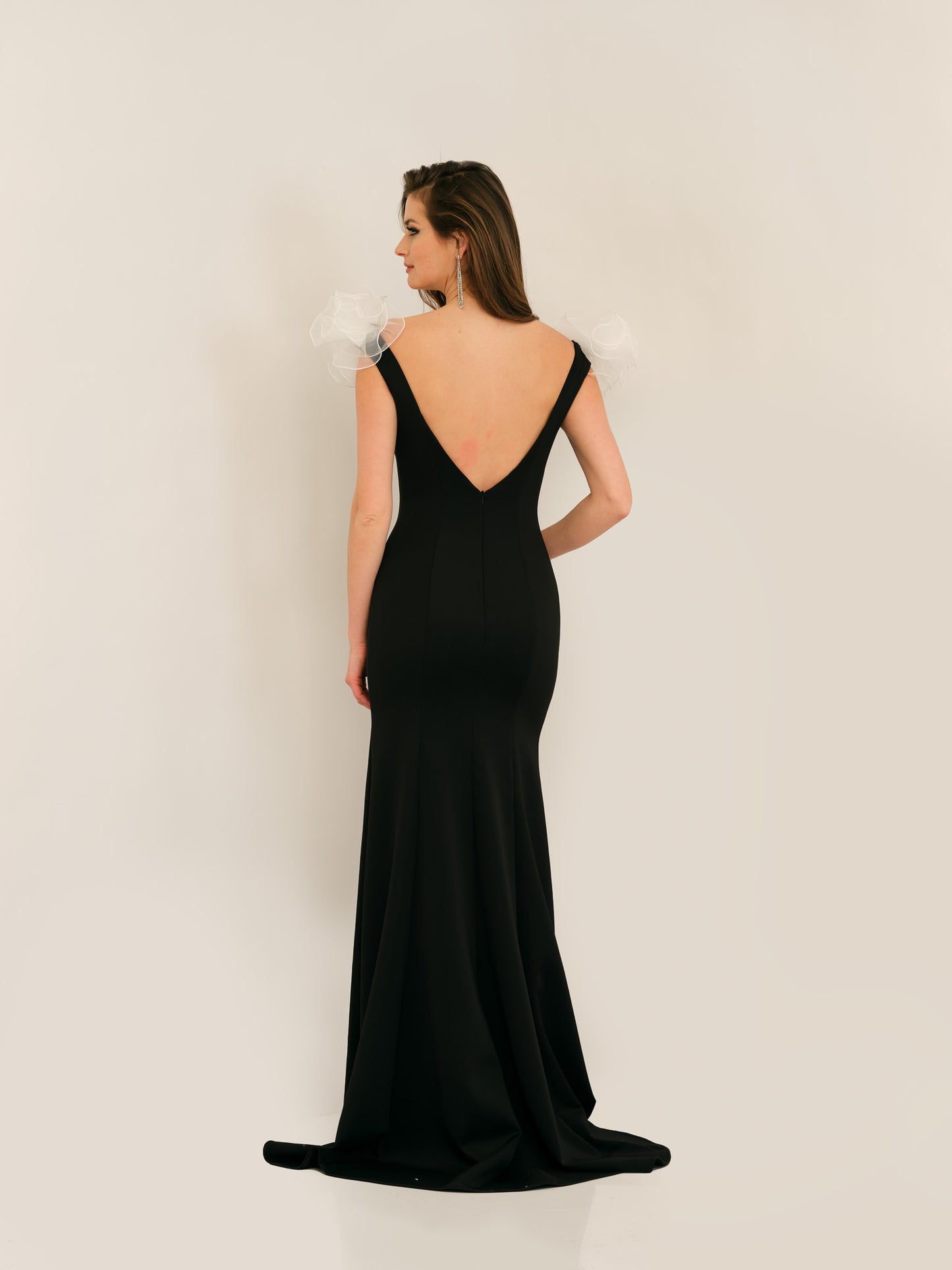 SLEEVELESS RUFFLE LOW BACK GOWN
