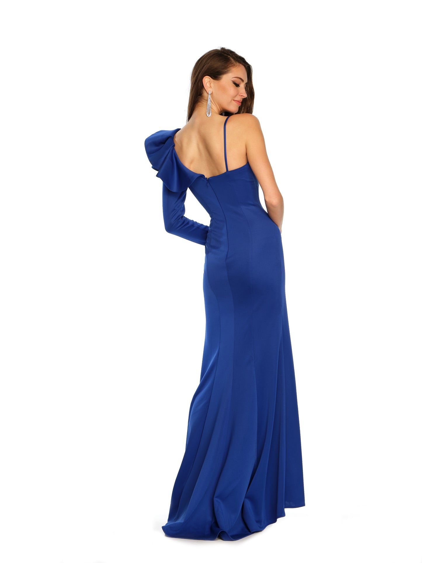 ASYMMETRICAL RUFFLE ONE SHOULDER OPEN LEG GOWN