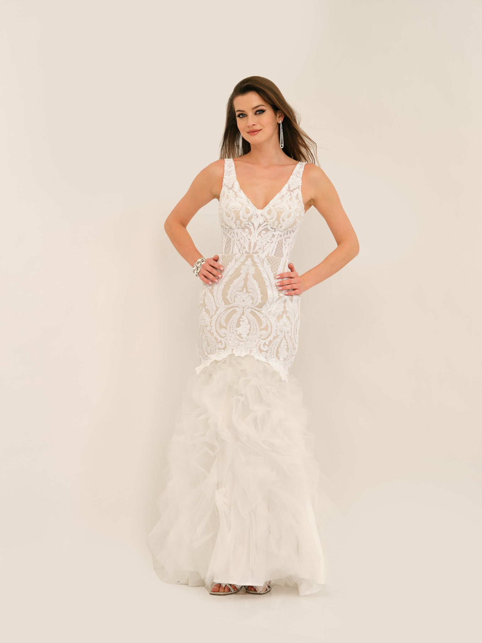 SCOOP BACK LACE FEATHER MERMAID WEDDING GOWN - Dave & Johnny SCOOP BACK LACE FEATHER MERMAID WEDDING GOWN - Dave & Johnny