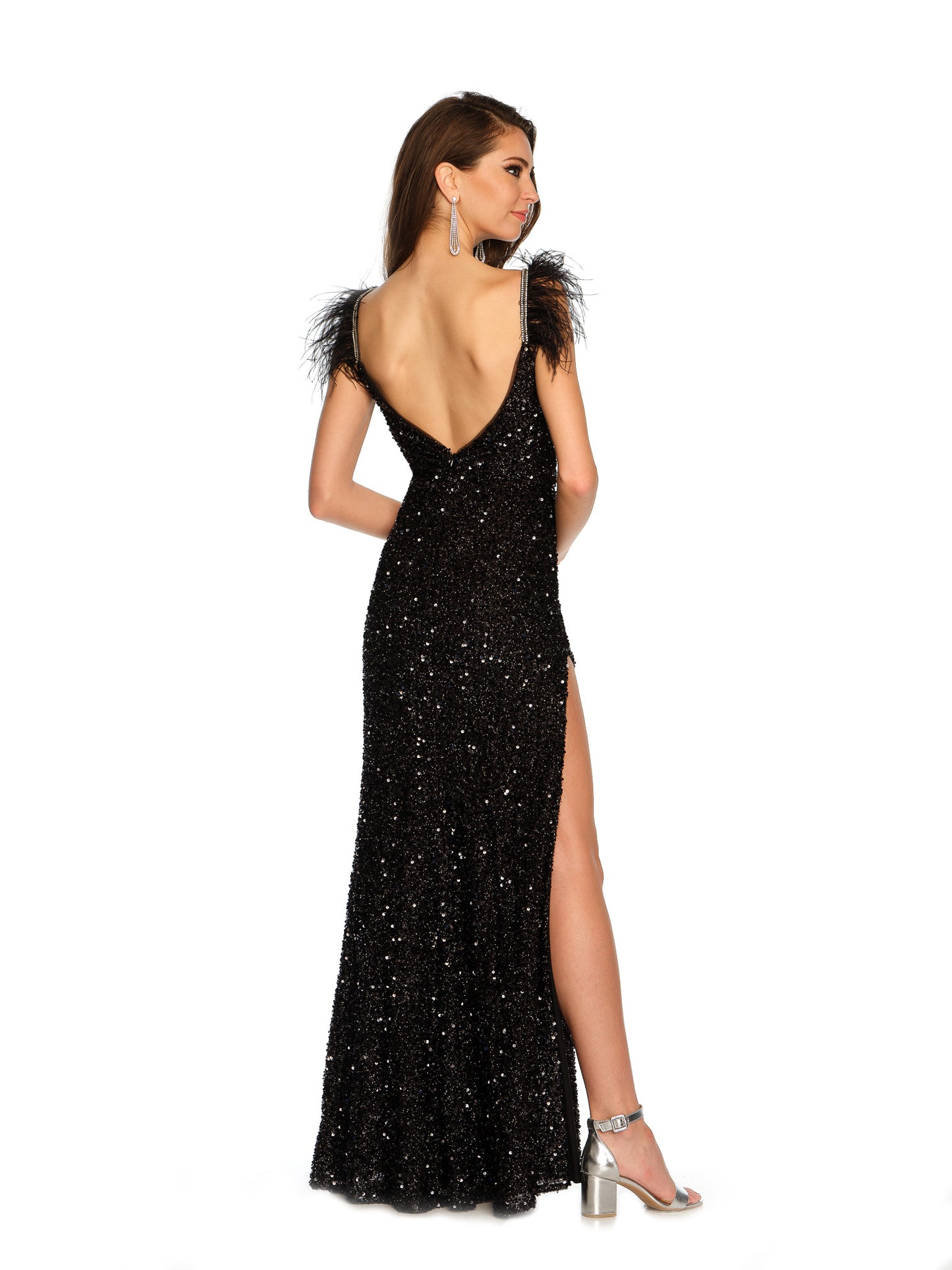 FITTED SEQUIN GOWN WITH FEATHER STRAP DETAIL