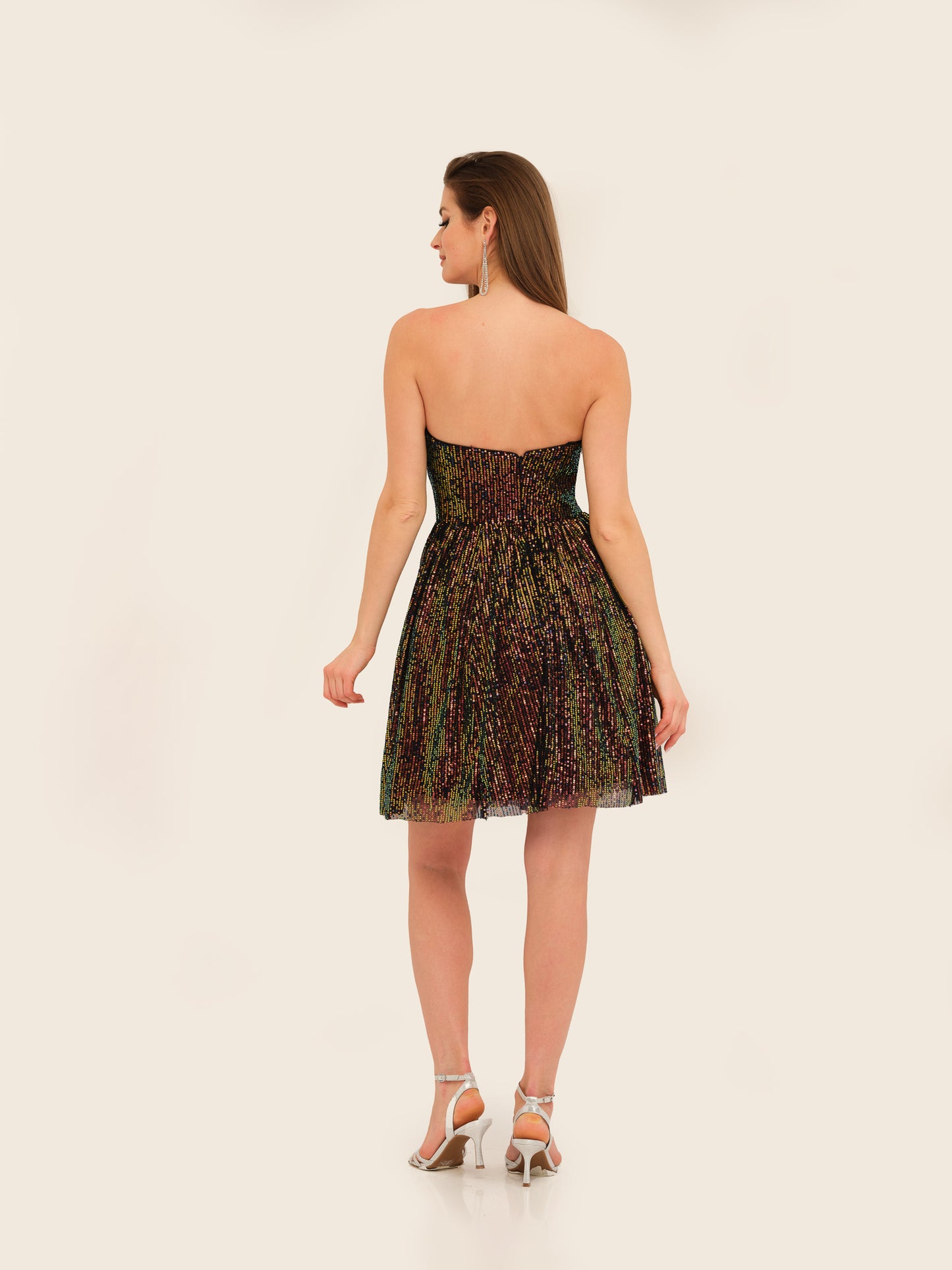 SEQUINED FEATHER ACCENT FLARE DRESS