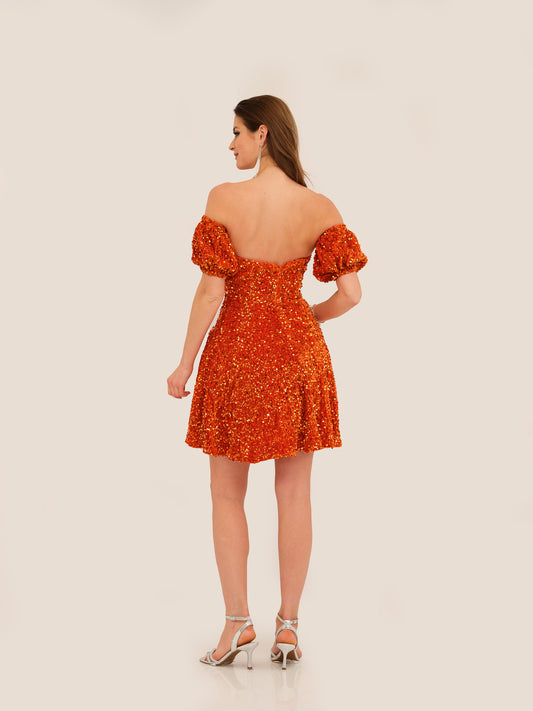 SEQUINED PUFF SLEEVE FLARE DRESS