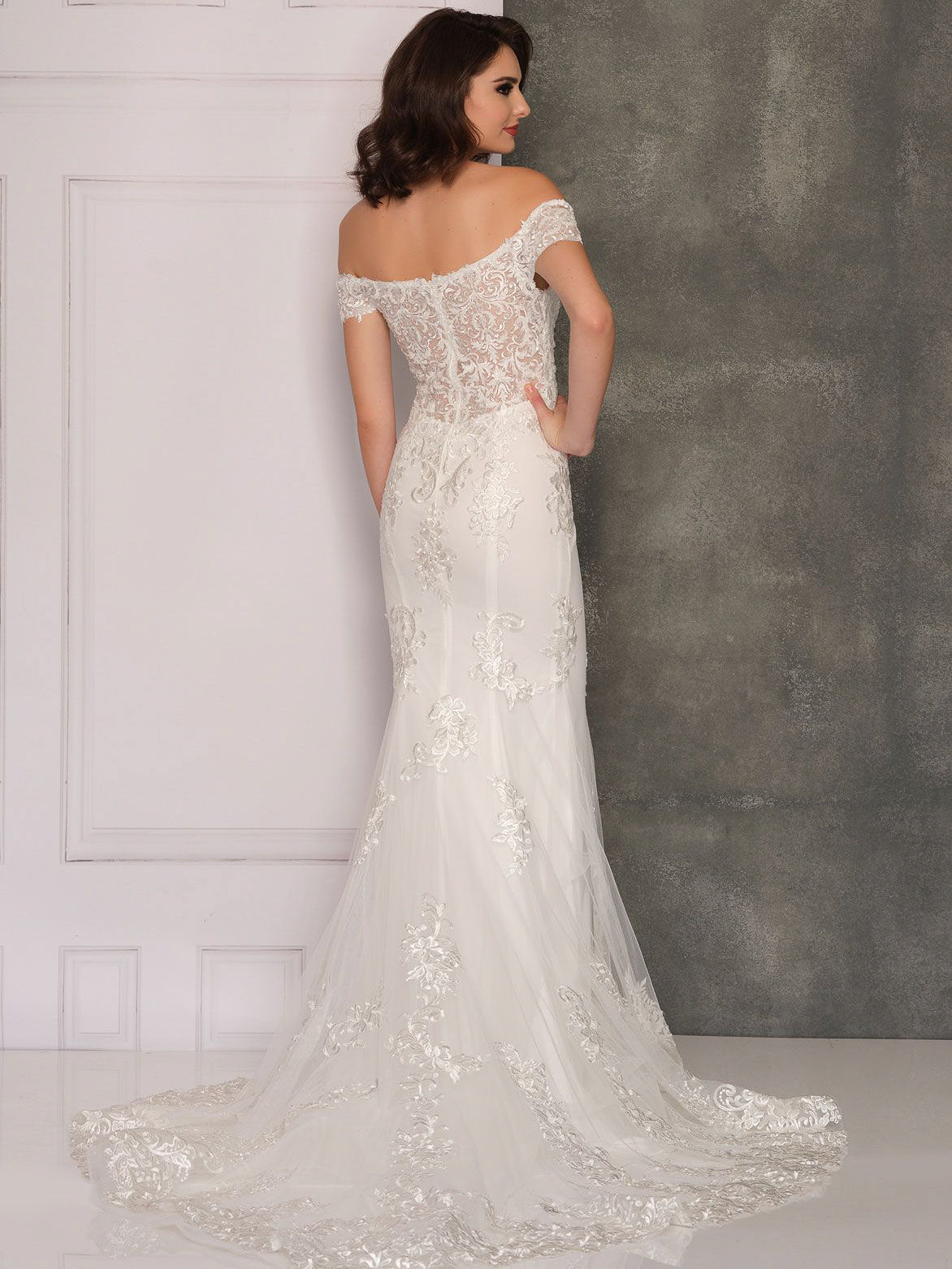 OFF-SHOULDER FLORAL LONG TRAIN WEDDING GOWN