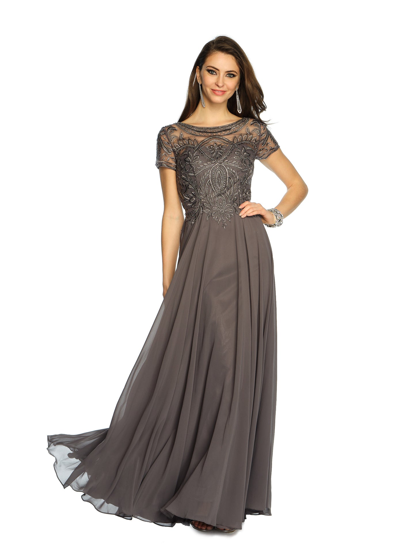BEADED SHORT SLEEVE CHIFFON DRESS