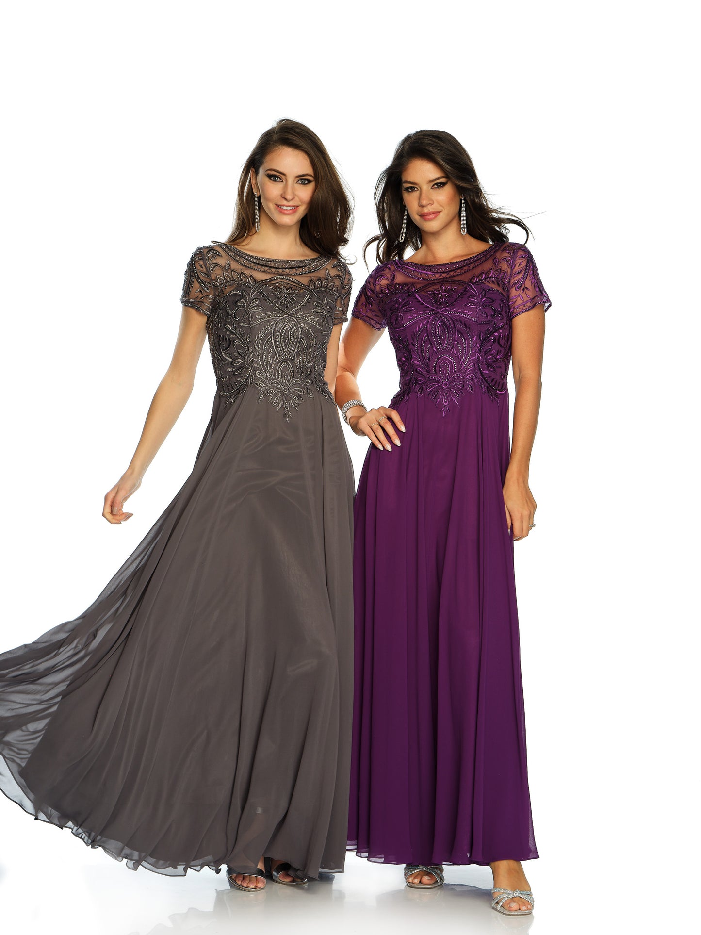 BEADED SHORT SLEEVE CHIFFON DRESS