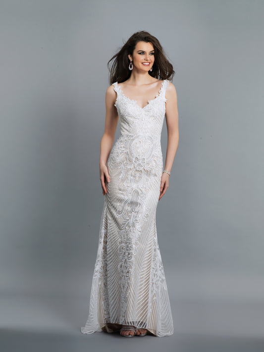 EMBROIDERED V NECK FIT AND FLARE WEDDING DRESS
