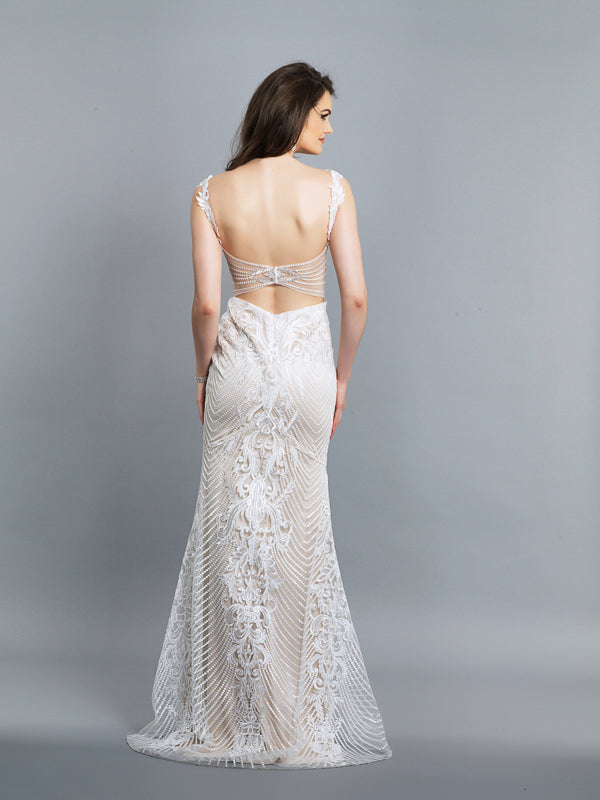 EMBROIDERED V NECK FIT AND FLARE WEDDING DRESS