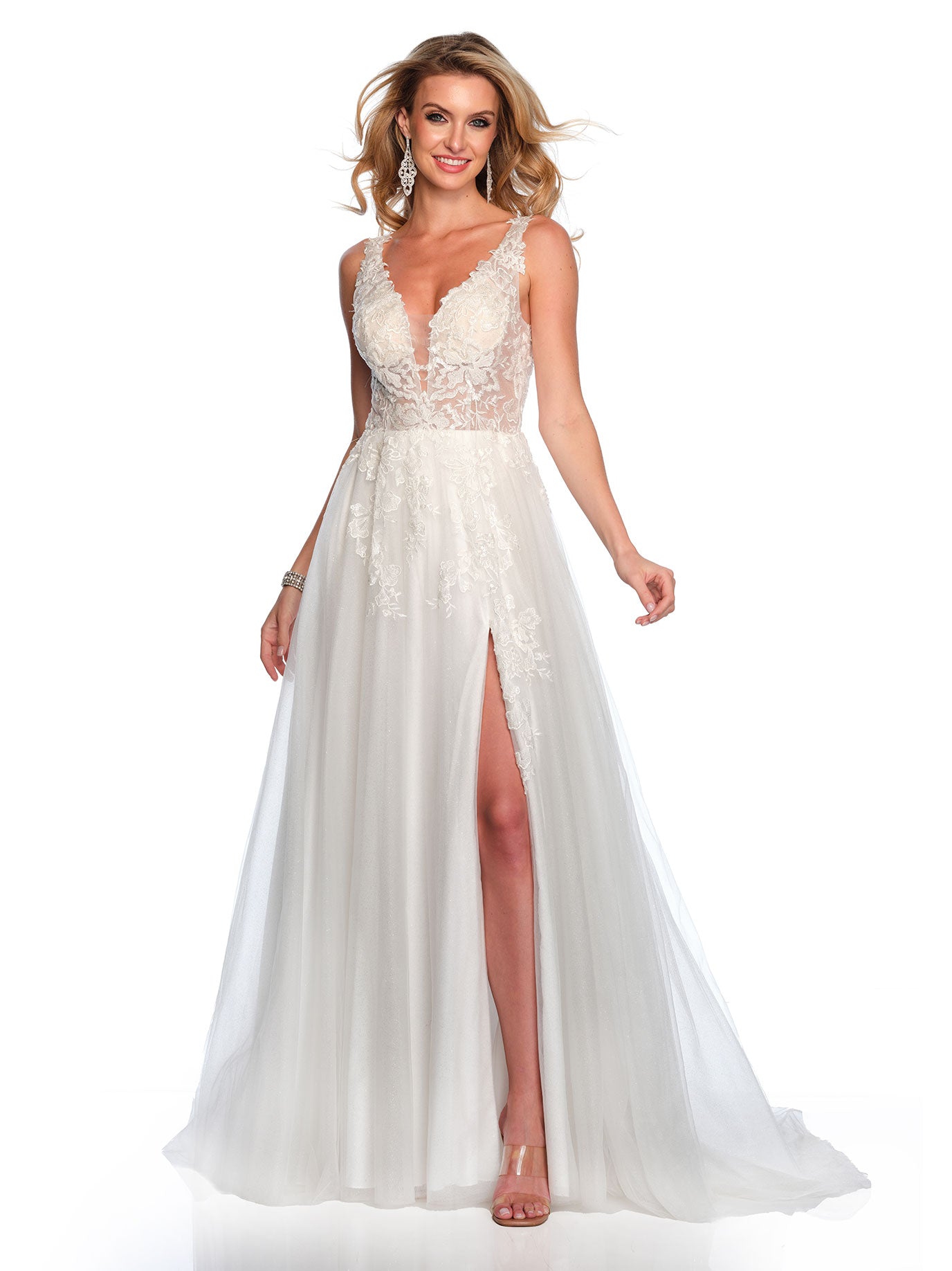 THICK STRAP LACE PLUNGE OPEN LEG WEDDING GOWN - Dave & Johnny THICK STRAP LACE PLUNGE OPEN LEG WEDDING GOWN - Dave & Johnny