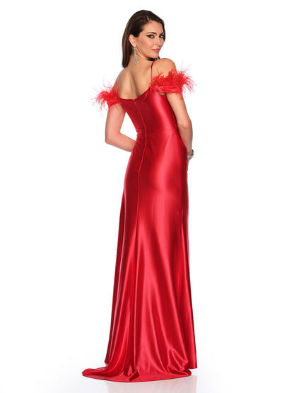 OFF THE SHOULDER FEATHER STRETCH SATIN JERSEY GOWN