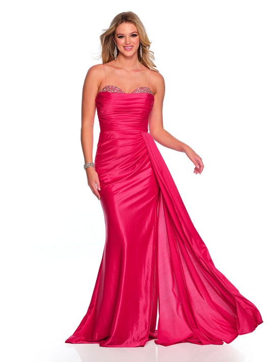 STRAPLESS RUCHED SATIN GOWN