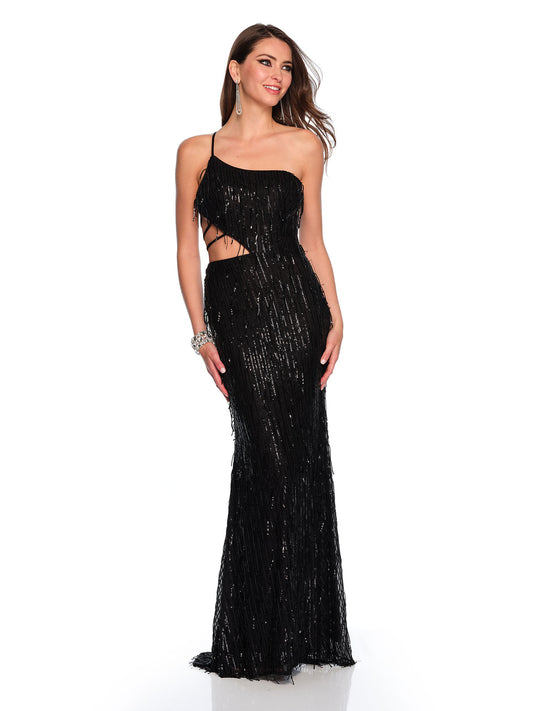 ONE SHOULDER FRINGE CUT OUT GOWN