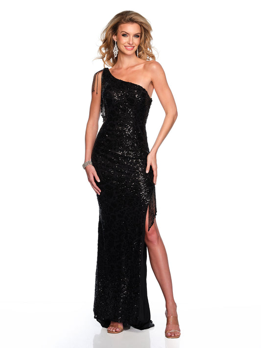 ONE SHOULDER BEADED FRINGE GOWN