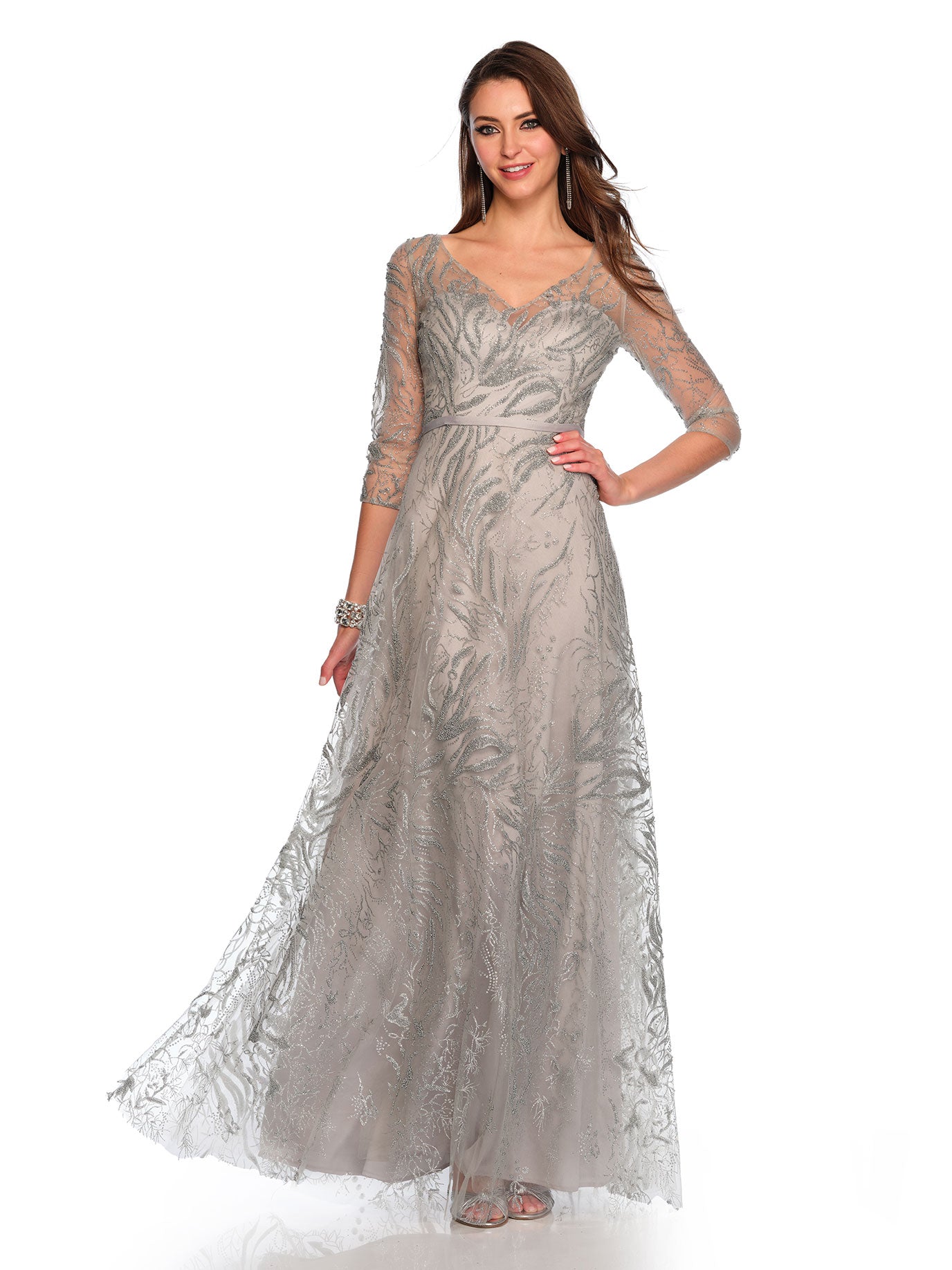 dave and johnny beaded dresses Sheer-Corset Long Beaded Prom Dress with Lace-Up Back Navy Blue / 4