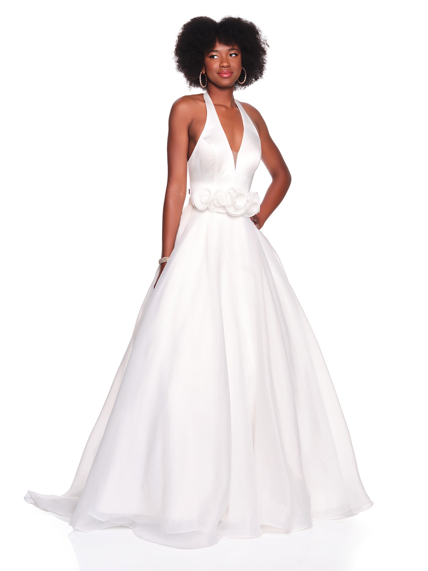 SATIN HALTER WEDDING DRESS WITH RUFFLE WAIST DETAIL