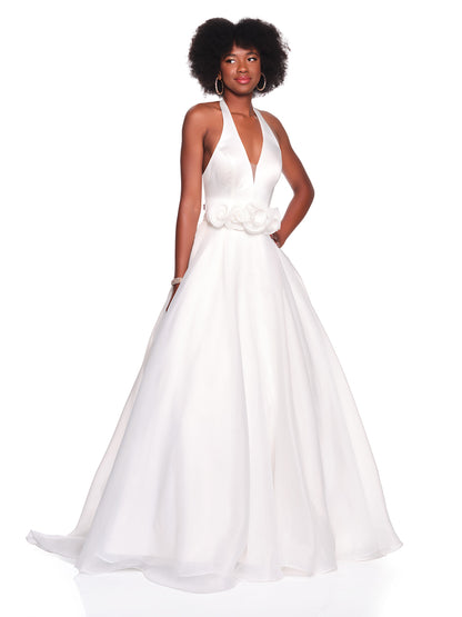 SATIN HALTER WEDDING DRESS WITH RUFFLE WAIST DETAIL