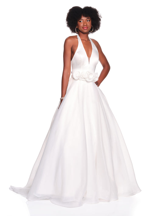 SATIN HALTER WEDDING DRESS WITH RUFFLE WAIST DETAIL