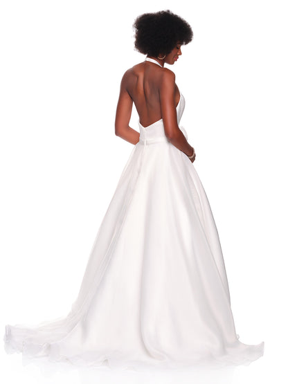 SATIN HALTER WEDDING DRESS WITH RUFFLE WAIST DETAIL
