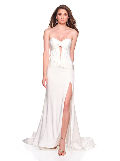 STRAPLESS FITTED STRETCH CREPE BRIDAL GOWN WITH FRONT ILLUSION KEYHOLE