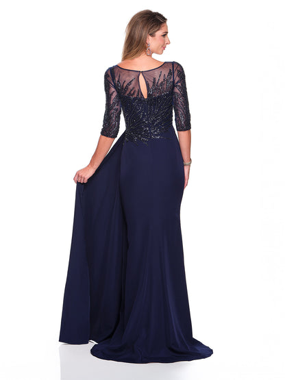 3/4 SLEEVE BEADED FITTED DRESS WITH SIDE SASH