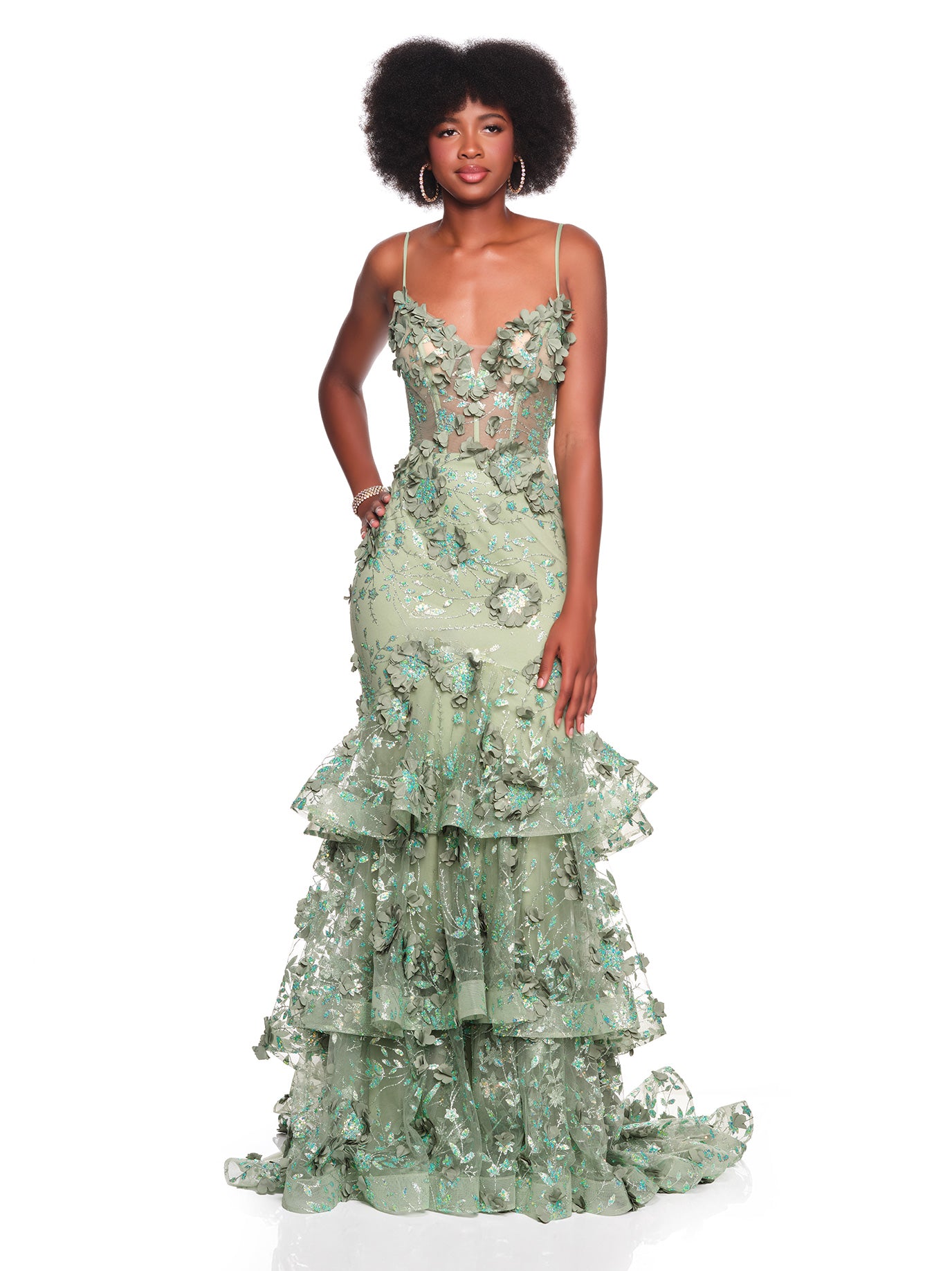 3D MOTIF TIERED MERMAID GOWN