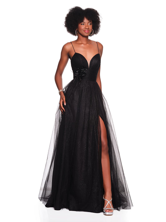 TULLE SHIMMER GOWN WITH FRONT SLIT & FLOWER DETAIL