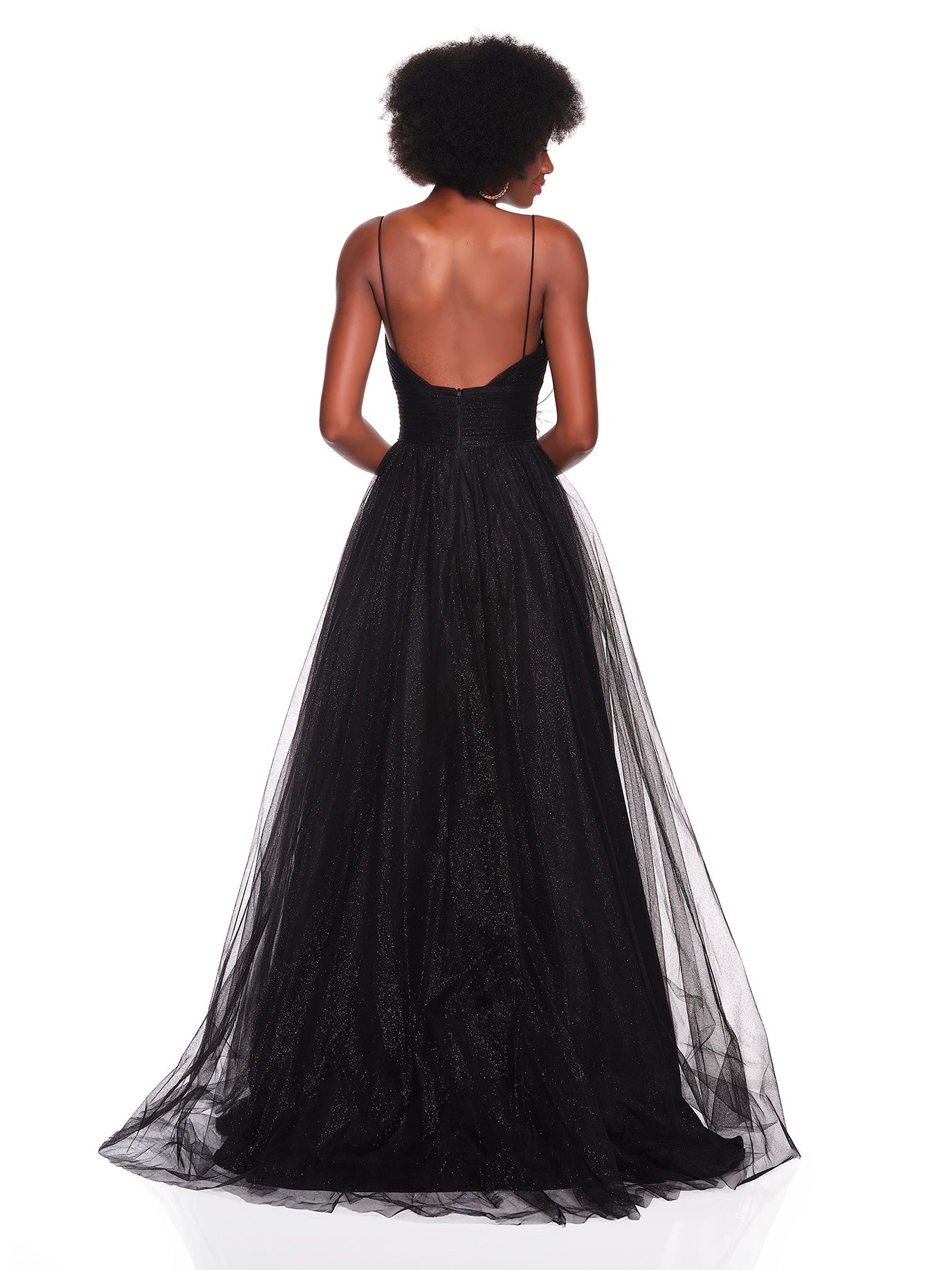 TULLE SHIMMER GOWN WITH FRONT SLIT & FLOWER DETAIL