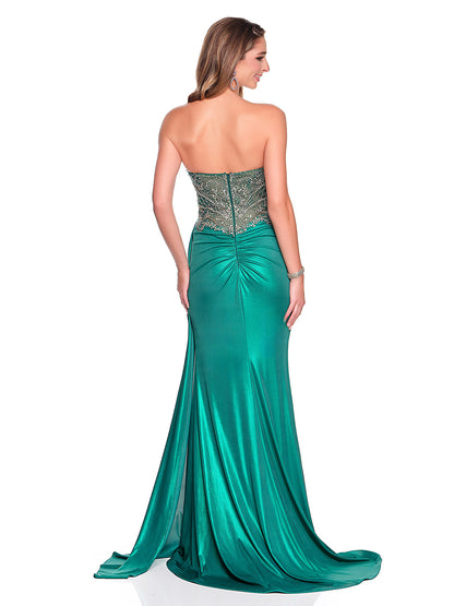 STRAPLESS GOWN WITH BEADED ACCENT DETAILS AND FRONT SLIT