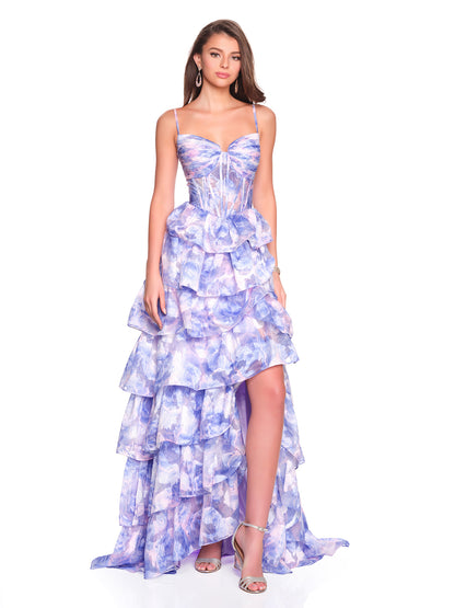 TIERED PRINTED GOWN WITH FRONT SLIT
