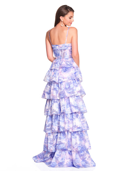 TIERED PRINTED GOWN WITH FRONT SLIT