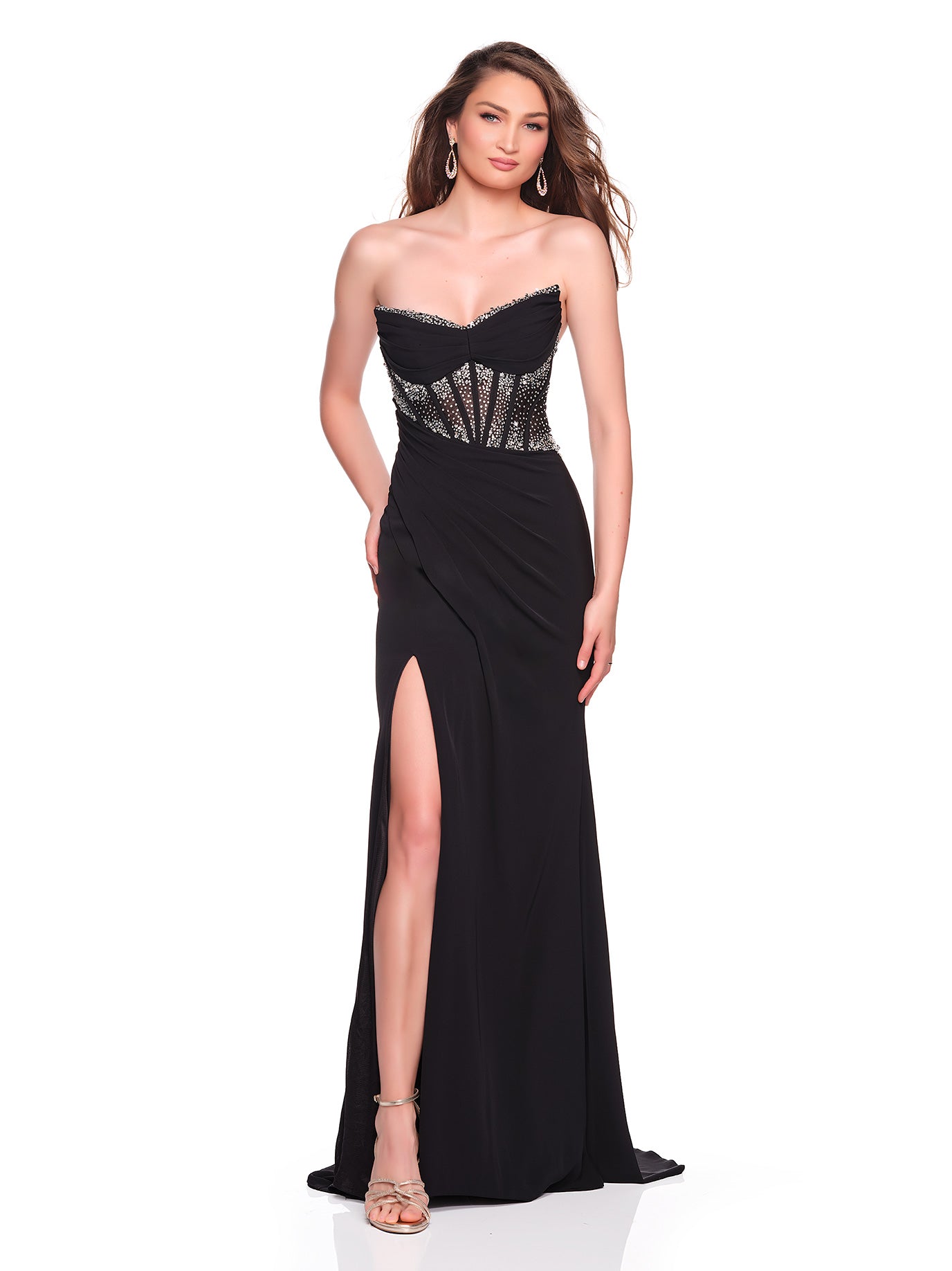 STRAPLESS CAT EYE STONE ACCENTED FITTED GOWN