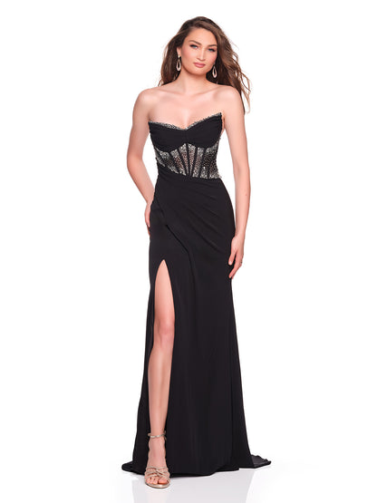 STRAPLESS CAT EYE STONE ACCENTED FITTED GOWN