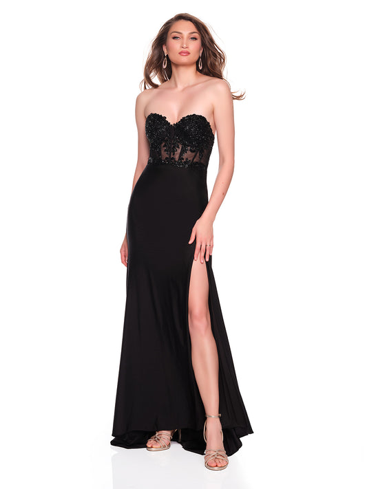STRAPLESS ILLUSION BODICE SIDE SLIT GOWN