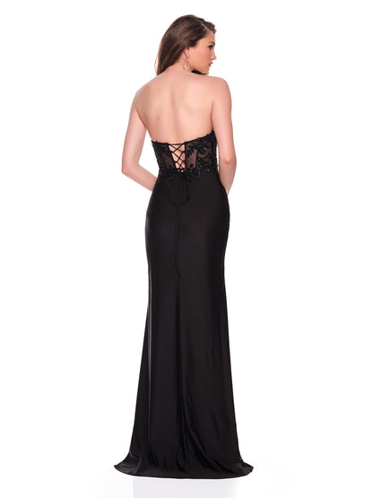 STRAPLESS ILLUSION BODICE SIDE SLIT GOWN