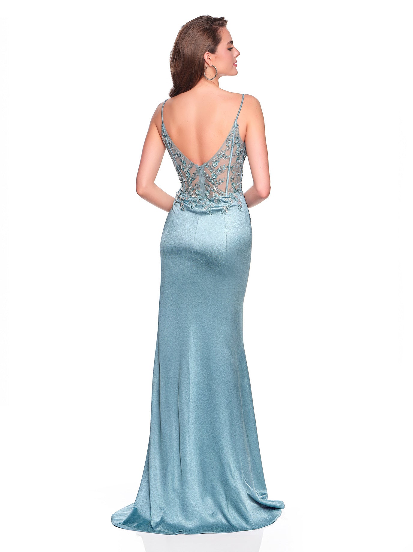 FITTED SATINY GOWN WITH CORSET ILLUSION TOP AND APPLIQUE DETAIL