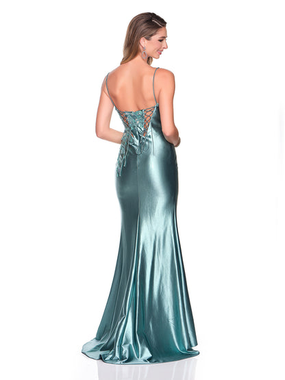 STRETCH SATIN JERSEY WITH APPLIQUE DETAILS AND ILLUSION PANELS