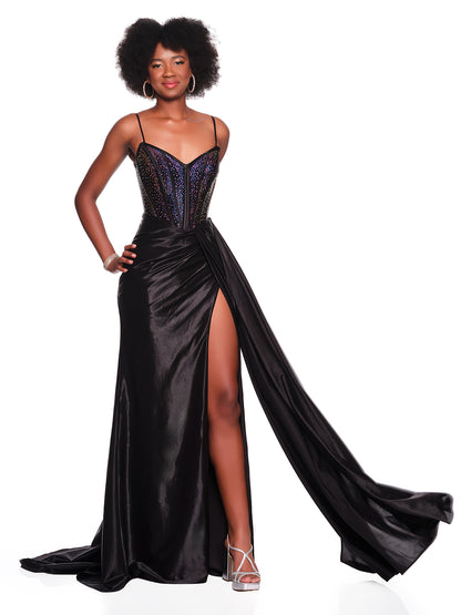 FITTED SIDE SASH DRESS WITH AB HOT STONE DETAIL