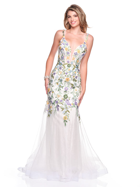 IVORY GOWN WITH CONTRAST FLORAL EMBROIDERY
