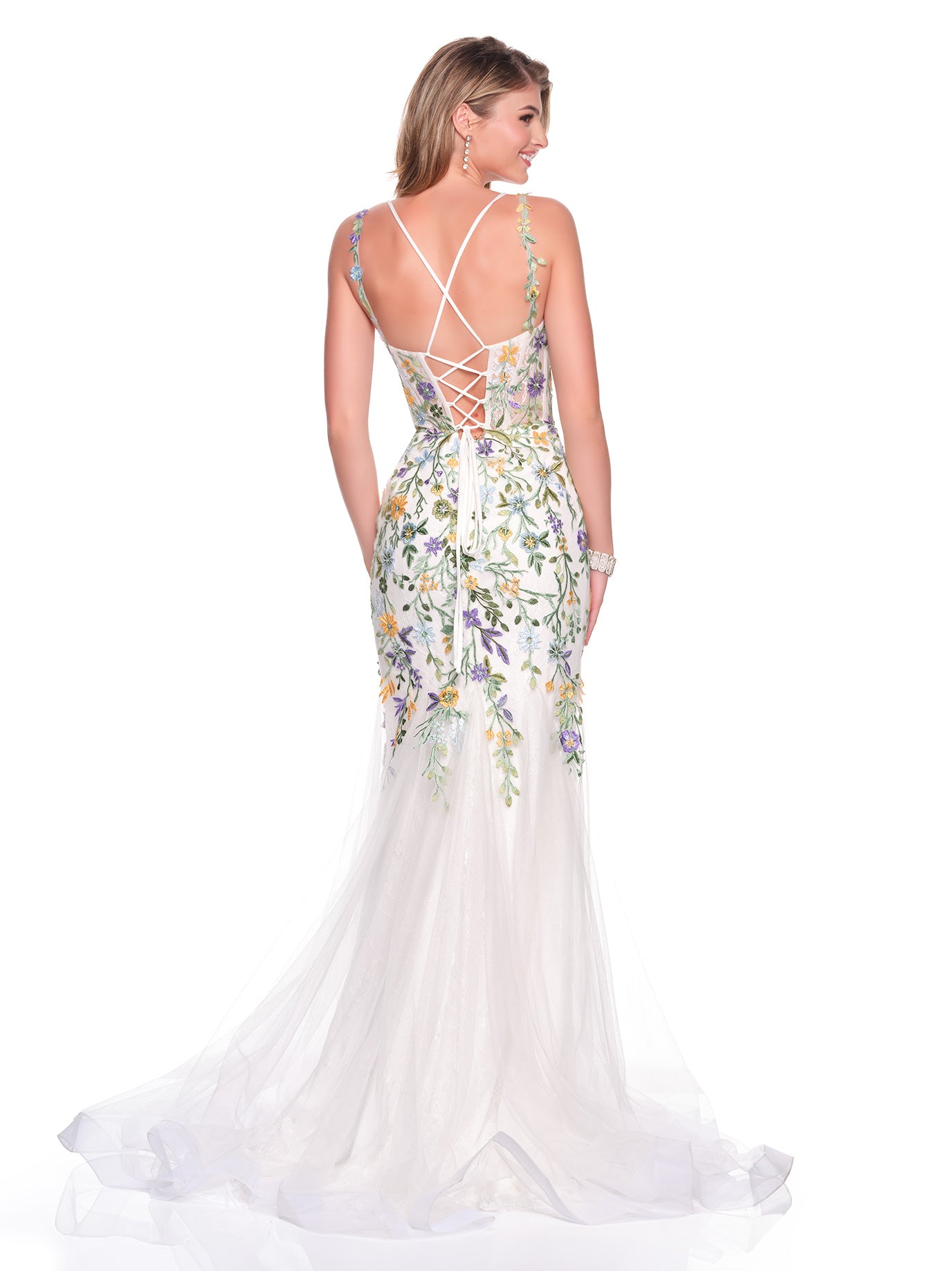 IVORY GOWN WITH CONTRAST FLORAL EMBROIDERY