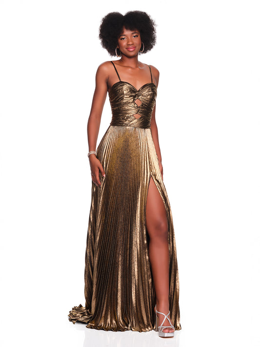 GOLD LAME METALLIC PLEATED DRESS WITH CUT OUT DETAIL
