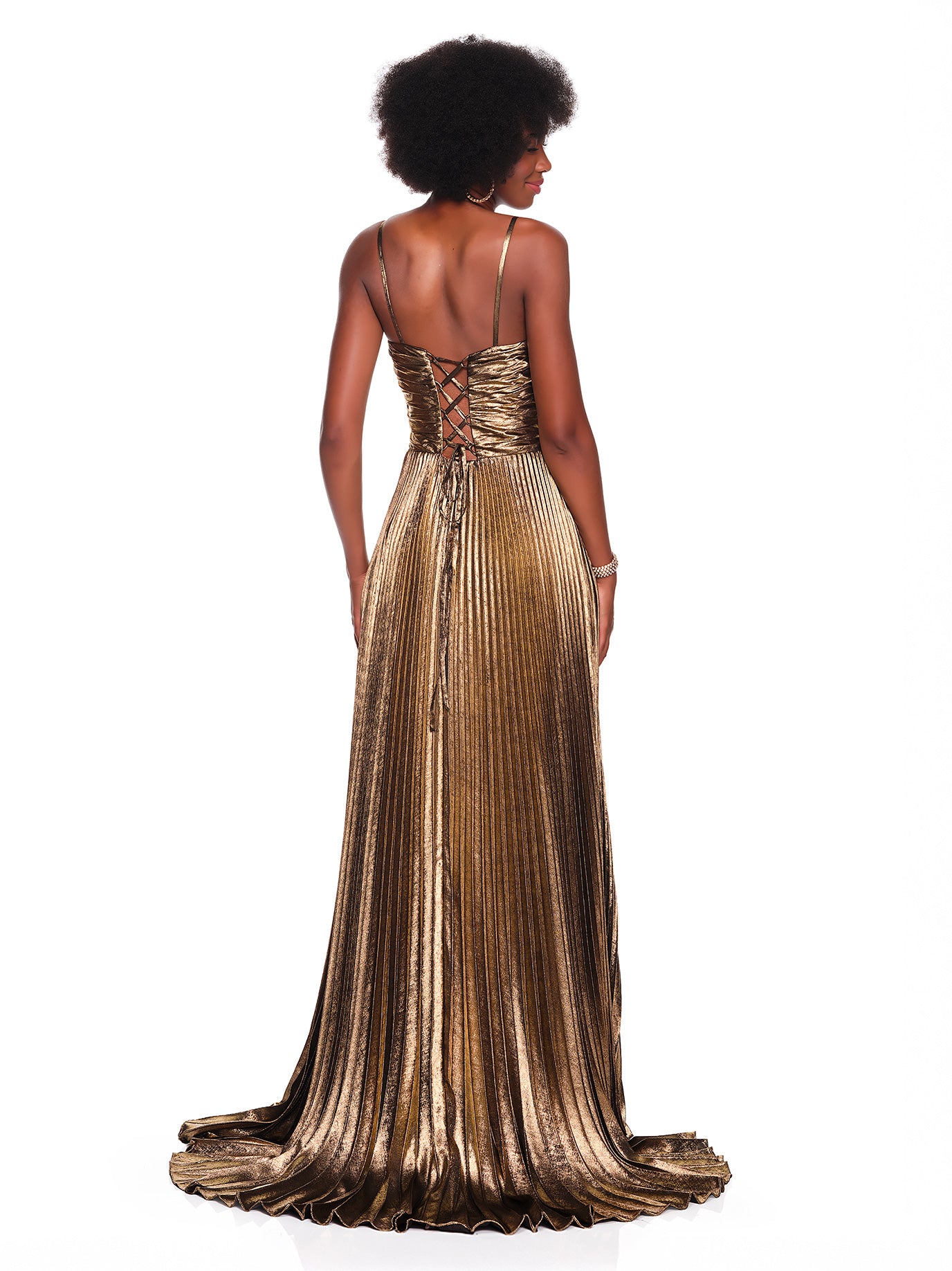 GOLD LAME METALLIC PLEATED DRESS WITH CUT OUT DETAIL