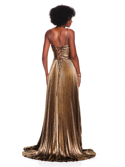 GOLD LAME METALLIC PLEATED DRESS WITH CUT OUT DETAIL