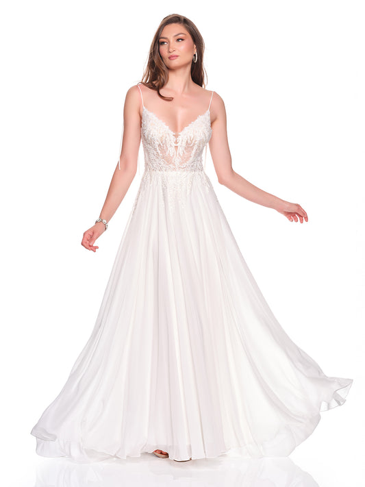 A-LINE CHIFFON BRIDAL GOWN WITH ILLUSION BODICE AND DELICATE BEAD DETAIL
