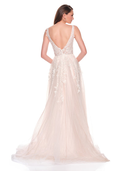 FLOWY BRIDAL GOWN WITH CONTRAST NUDE LINING AND FLORAL APPLIQUES